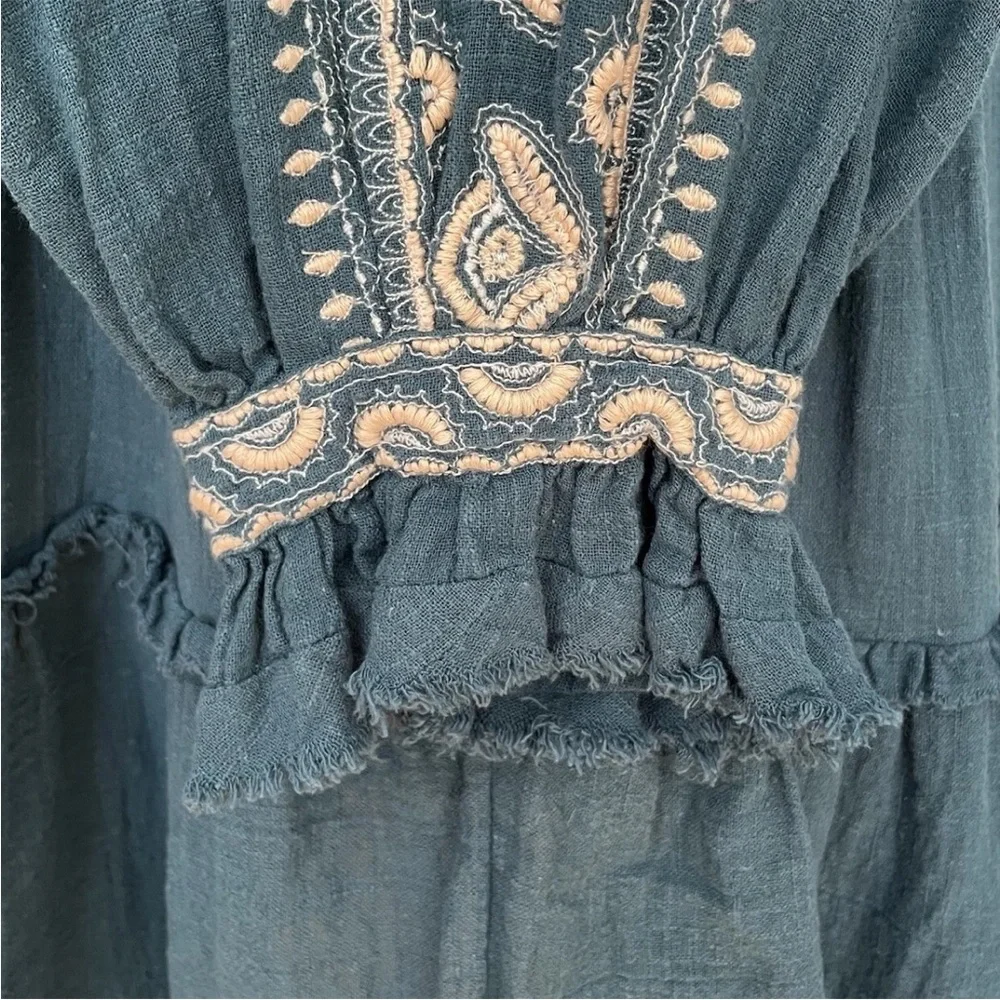 Free People Embroidered Boho Peasant Tunic Top Teal Blue Women’s Medium - Picture 14 of 16